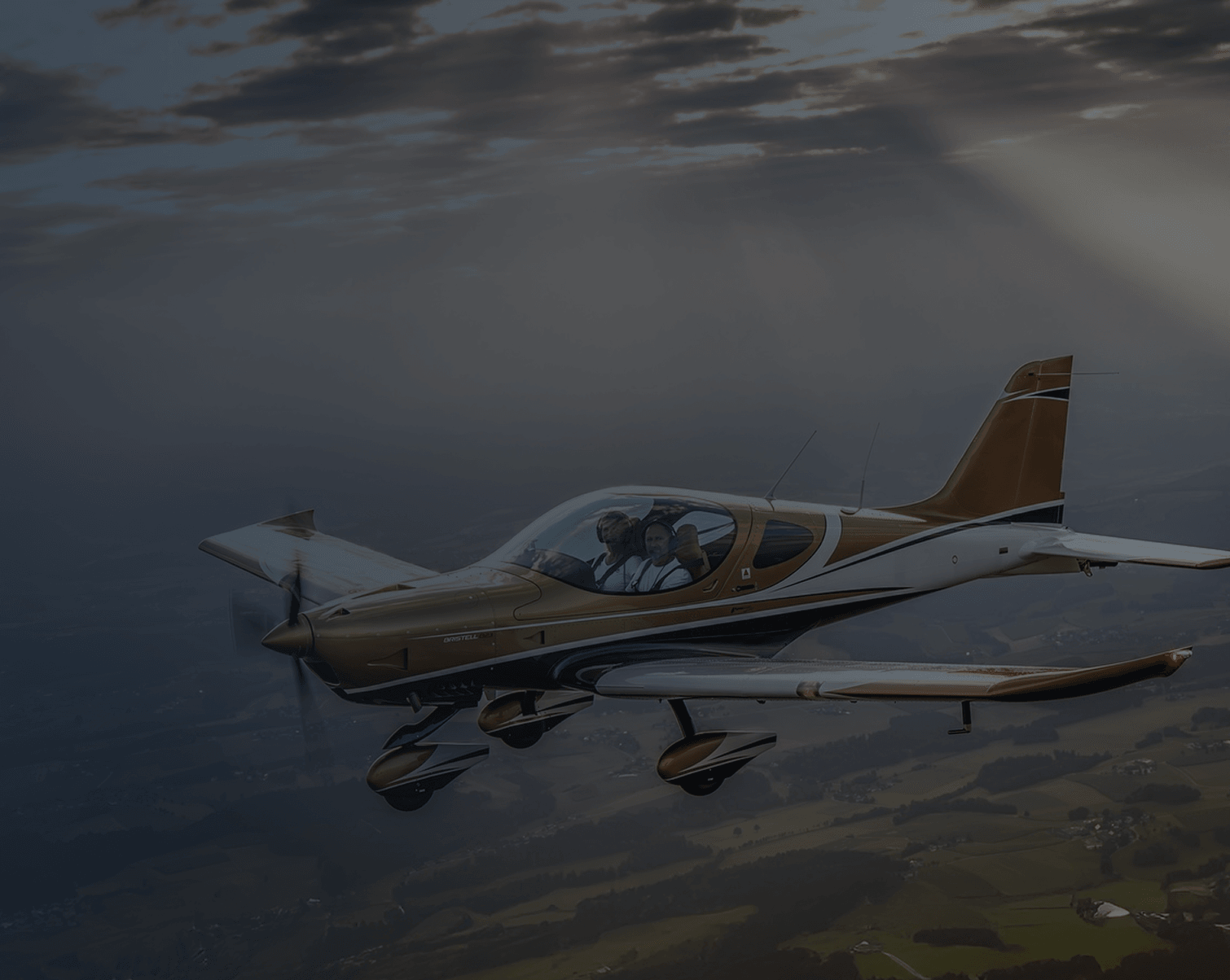 Aircraft above city skyline